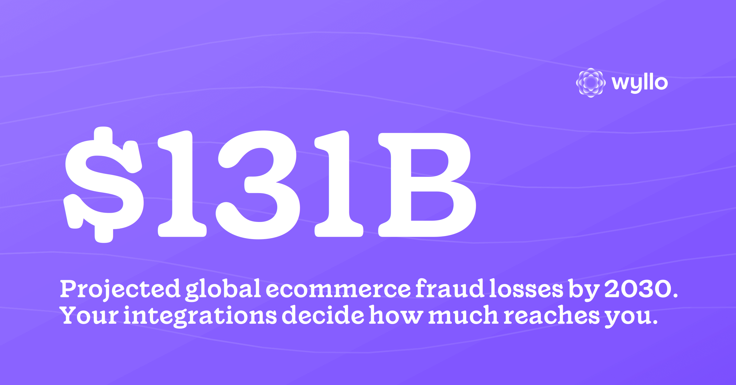 Wyllo stat card: ecommerce fraud losses projected to reach $131 billion by 2030, per Juniper Research.